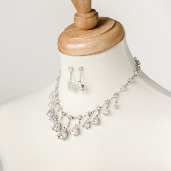 Bridal Statement Necklace and Earring Set, Cubic Zirconia Drops - Picture 4 of 6